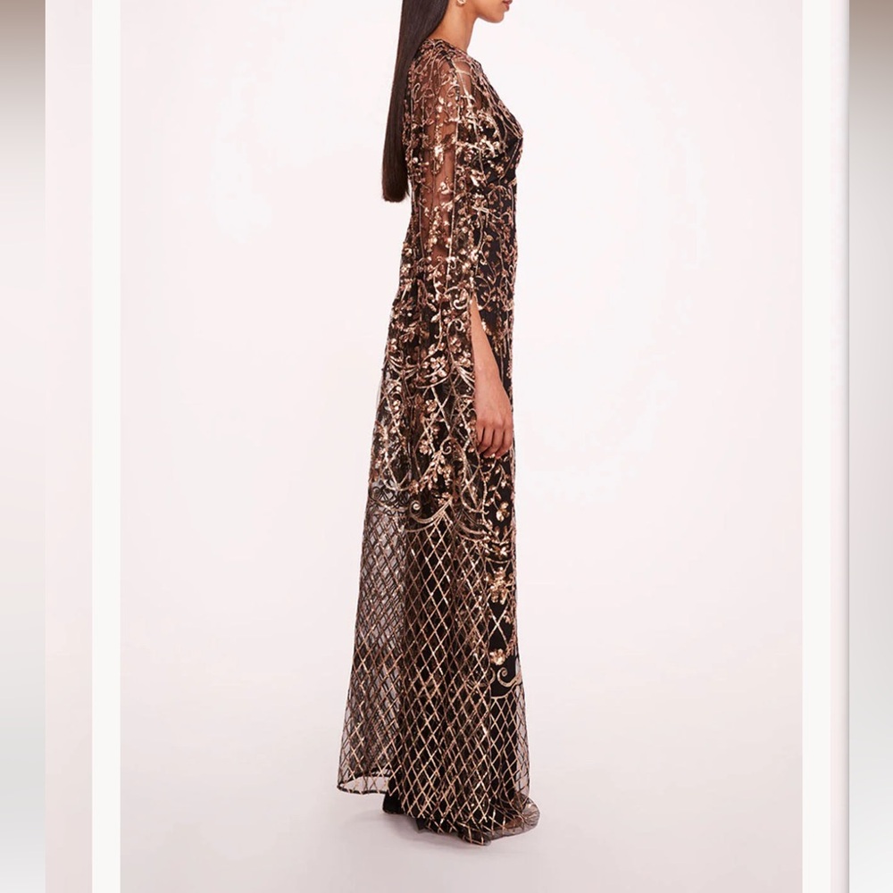 MARCHESA NOTTE**Black Gold Sequin Lattice Cape Gown**US 14 $1095 NWT - Picture 3 of 5